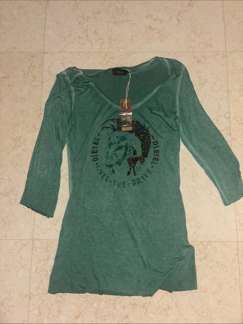Diesel Teal Green V-Neck Graphic Long Sleeve Top